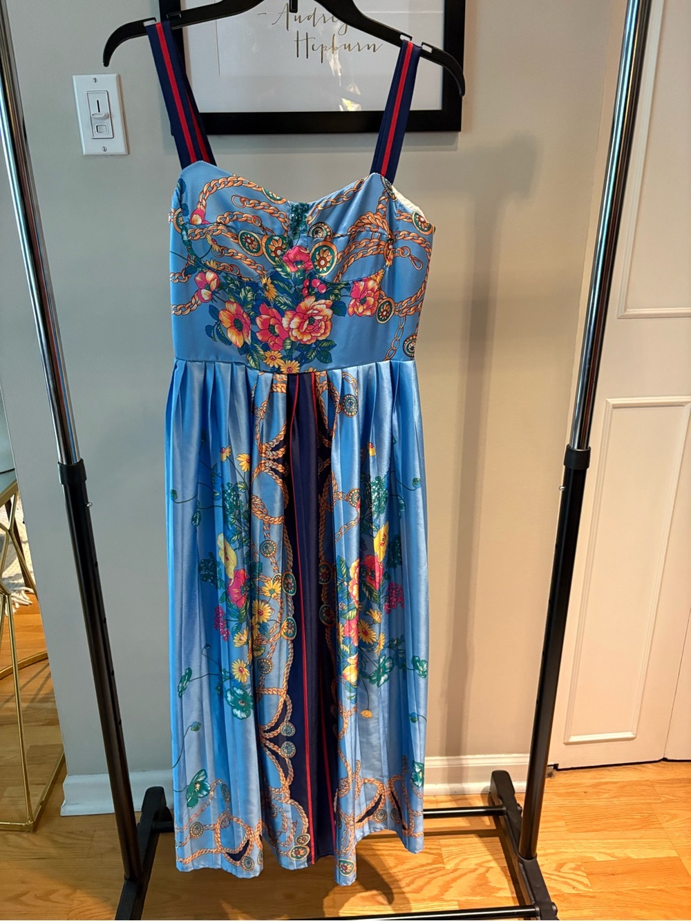 Dalia Macphee Blue Chain-Print Satin Dress - Size S